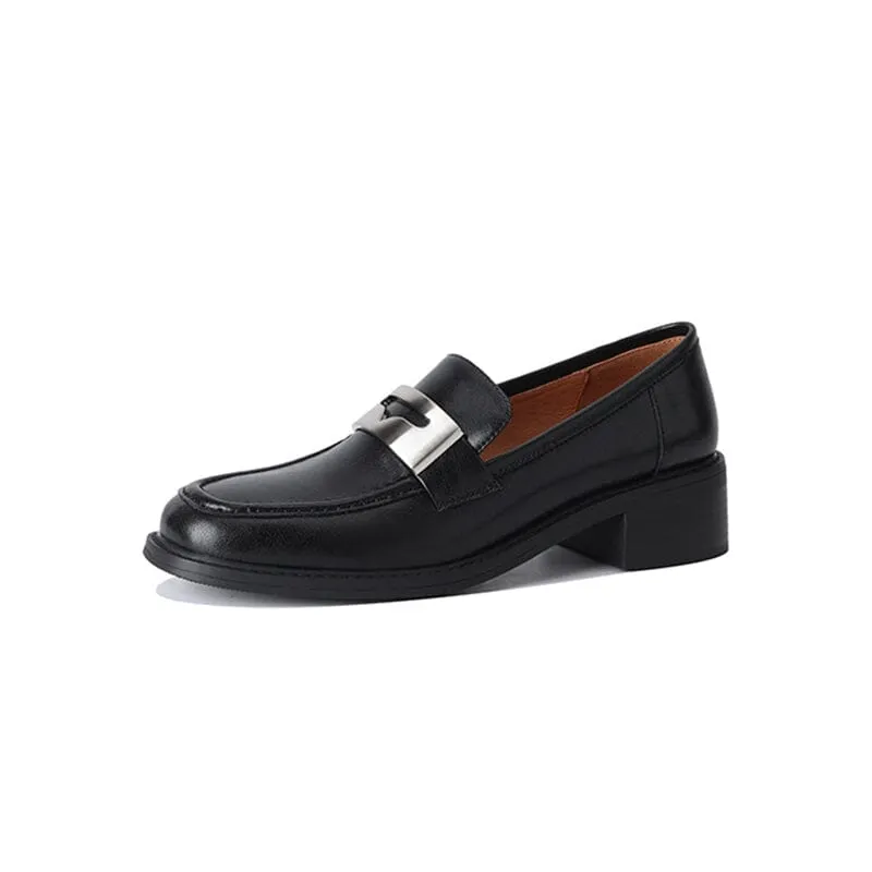 Retro Leather Block Heel Loafers for Women Square Toe in Brown/Black