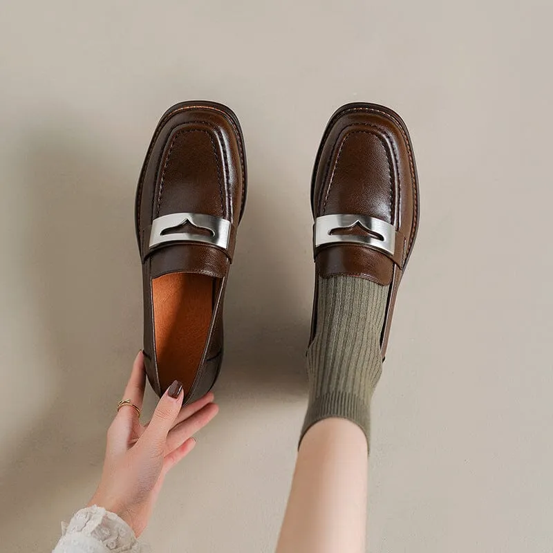 Retro Leather Block Heel Loafers for Women Square Toe in Brown/Black