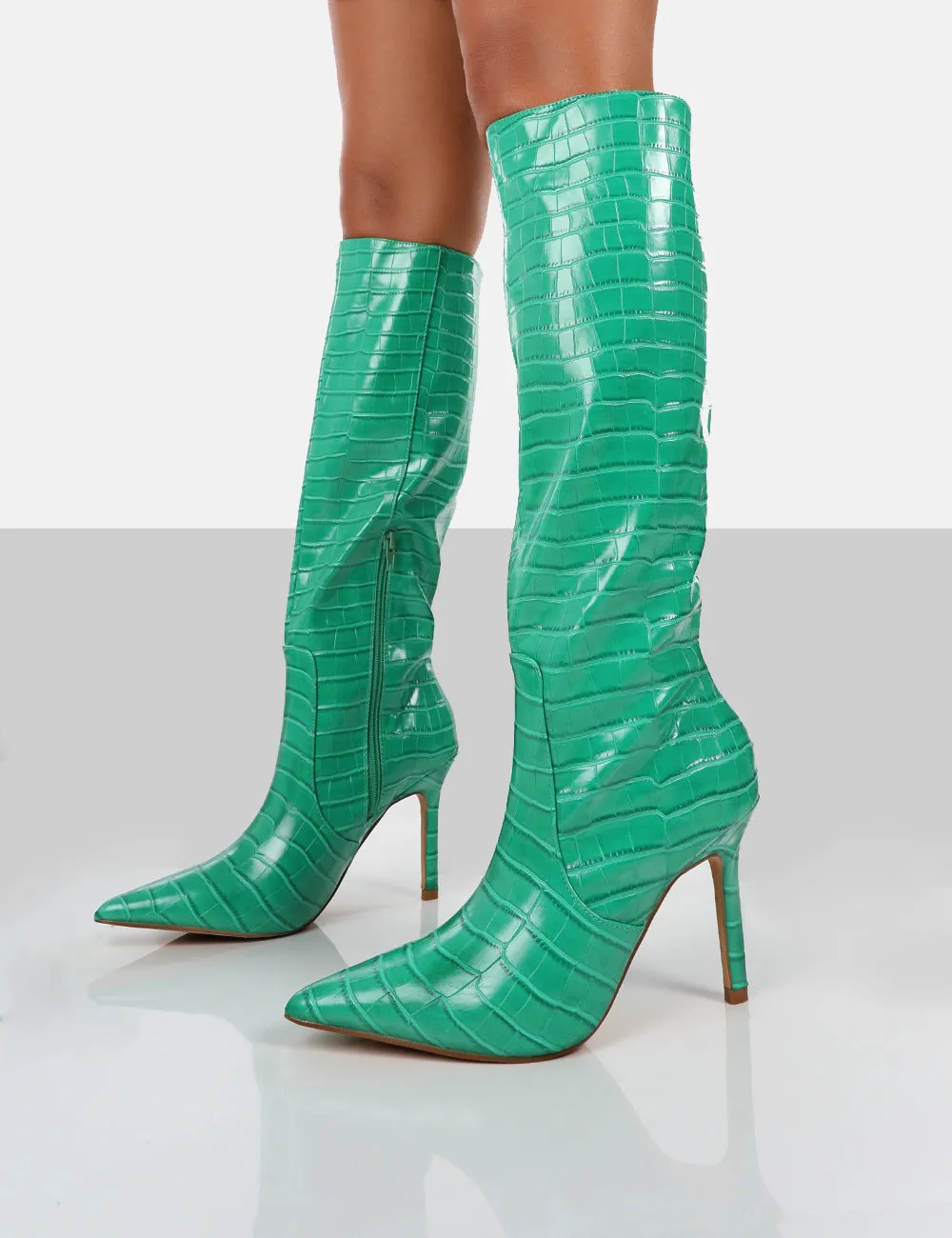 Rosalie Green Croc Heeled Pointed Toe Knee High Boots