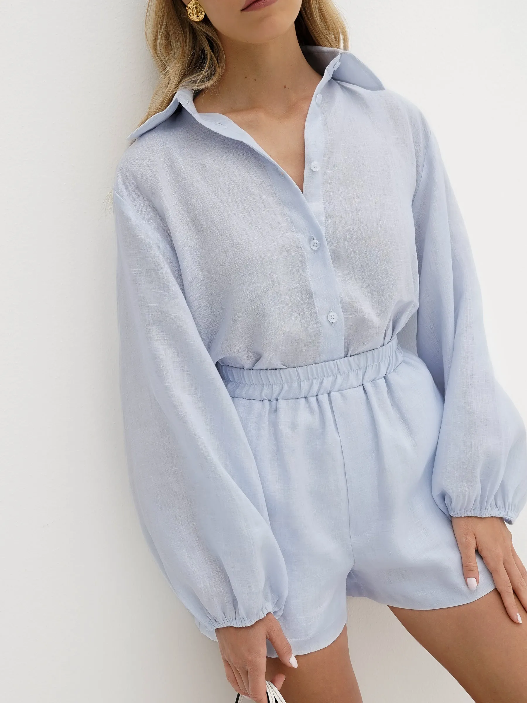 Rue Contrast Stitch Linen Shirt | Pale Blue