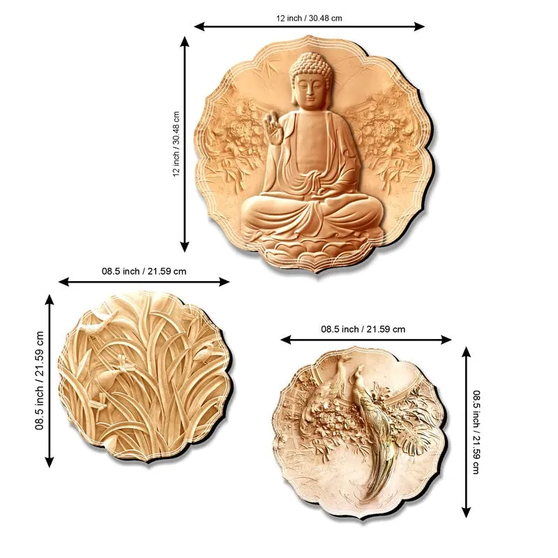 SAF paintings Round Shape Set of 3 Lord Buddha MDF Painting for Wall Decoration, Home decor And Office WST-JLR41-S2L1