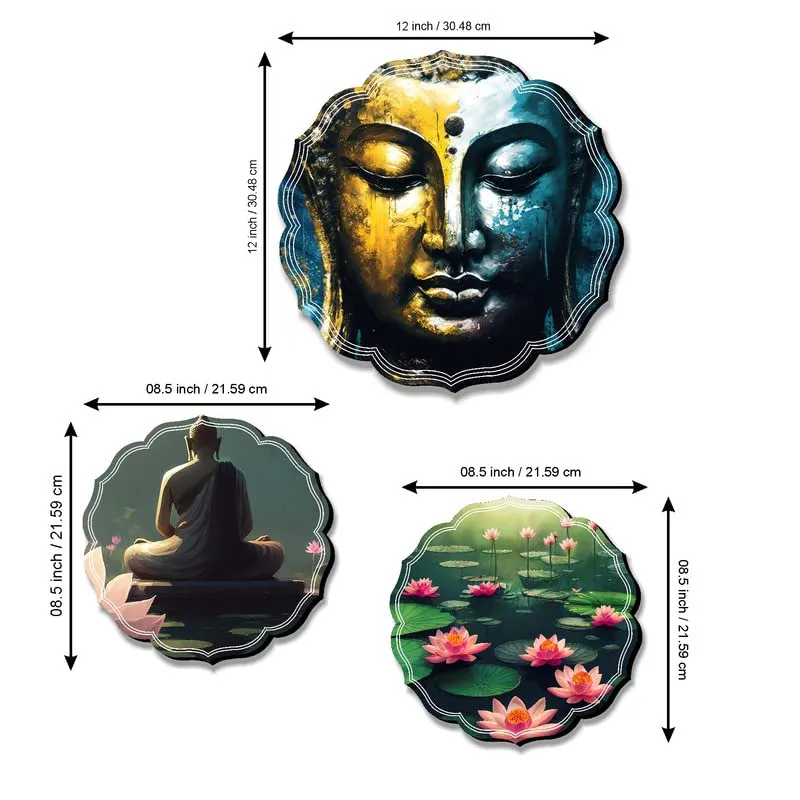 SAF paintings Round Shape Set of 3 Lord Buddha MDF Painting for Wall Decoration, Home decor And Office WST-JLR42-S2L1