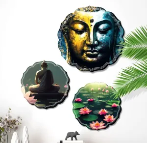 SAF paintings Round Shape Set of 3 Lord Buddha MDF Painting for Wall Decoration, Home decor And Office WST-JLR42-S2L1