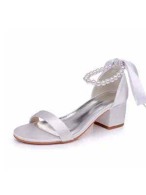 Single Strap Chunky Heels Sandals with Beaded Ribbons