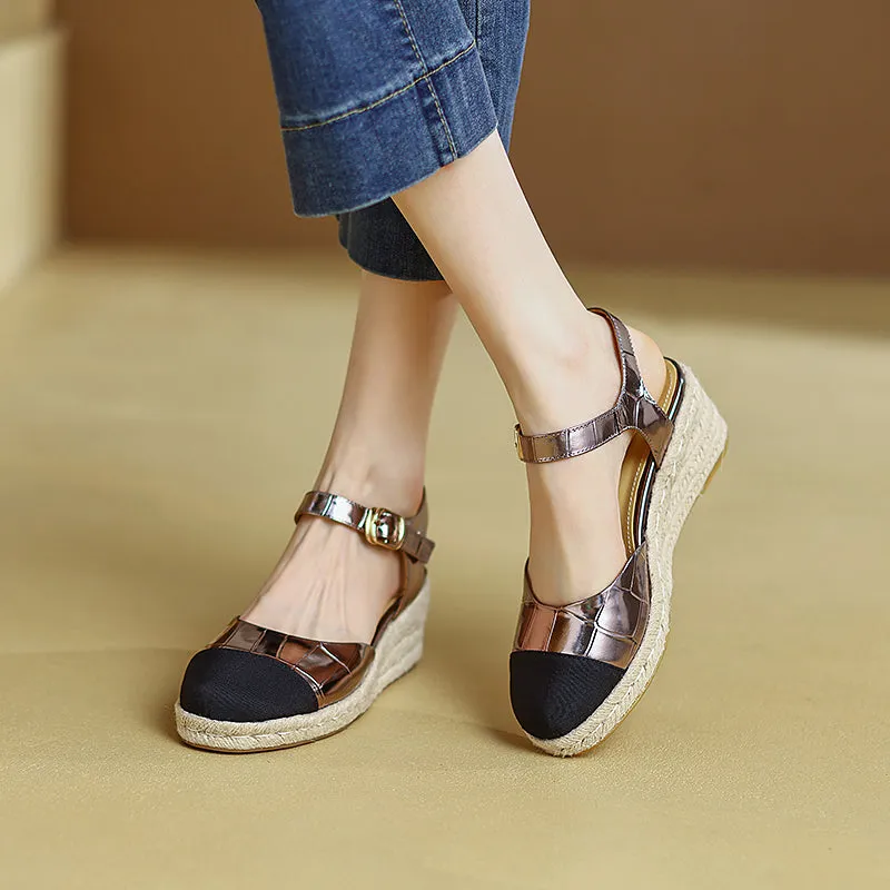 Slingback Espadrille-Wedge Leather Sandals in Beige/Black/Apricot