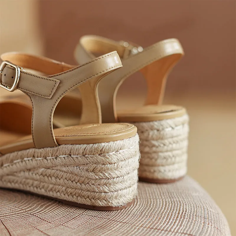 Slingback Espadrille-Wedge Leather Sandals in Beige/Black/Apricot