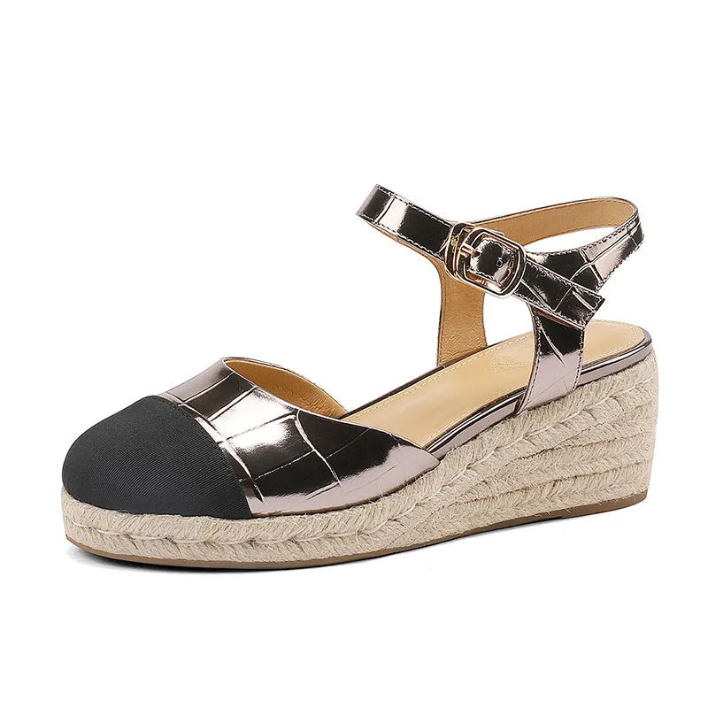 Slingback Espadrille-Wedge Leather Sandals in Beige/Black/Apricot