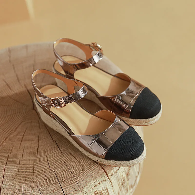 Slingback Espadrille-Wedge Leather Sandals in Beige/Black/Apricot