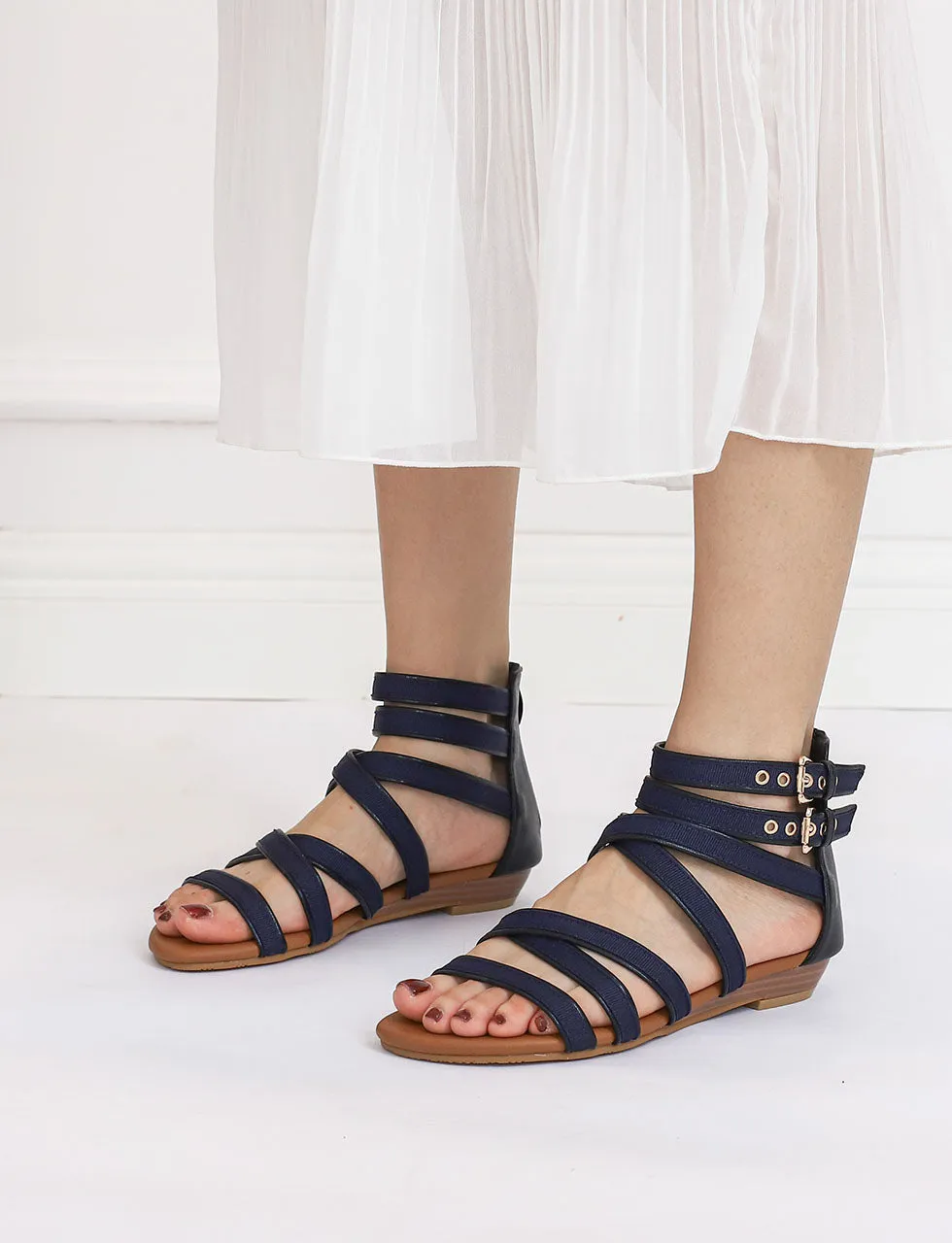 Solid Color Front Strap Roman Sandals Boho Flat Sandals Boots for Women