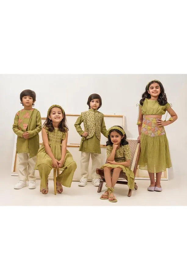 Space Unicorn- Green Chanderi Silk Hand Embroidered Asymmetrical Kurta & White Pants Set for Boys