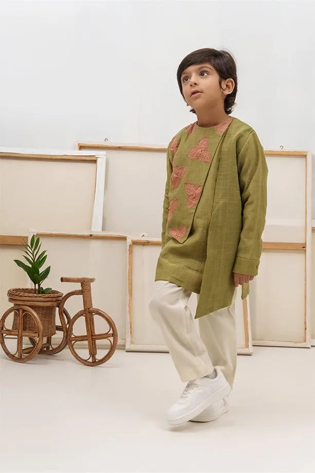 Space Unicorn- Green Chanderi Silk Hand Embroidered Asymmetrical Kurta & White Pants Set for Boys