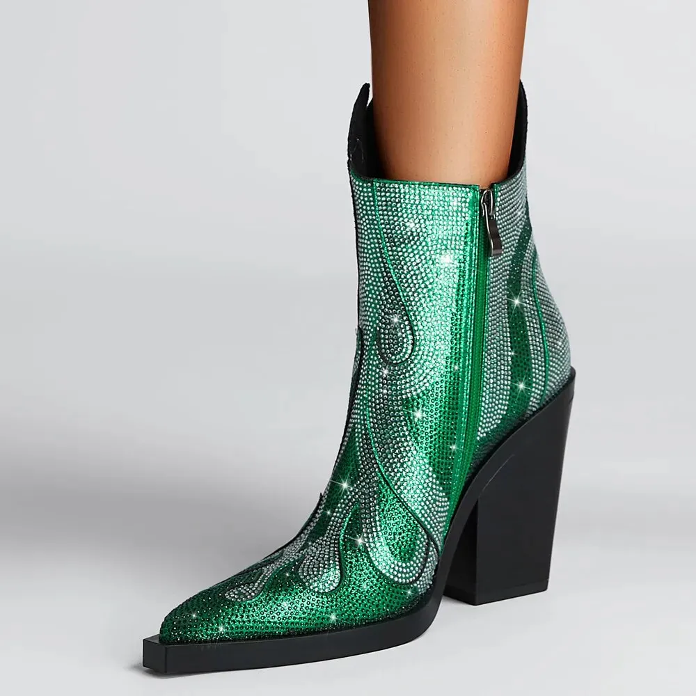 Sparkling Rhinestone Pointed Toe Ankle Boots