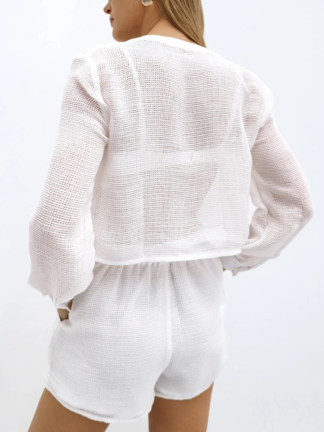 Stacie Open Weave Beach Blouse | White