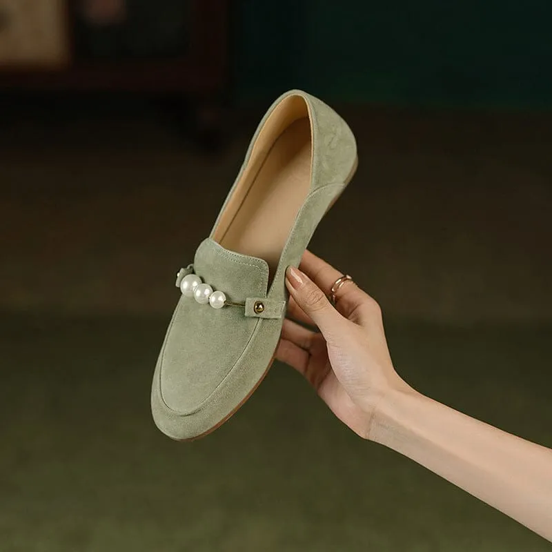 Suede Leather Loafers for Women Pearls Details Round Toe in Green