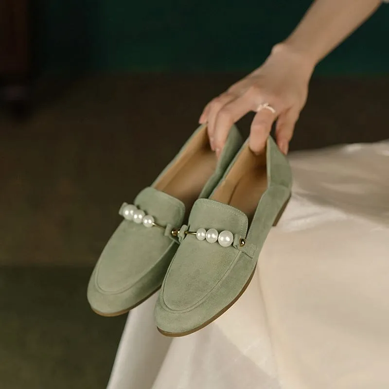 Suede Leather Loafers for Women Pearls Details Round Toe in Green