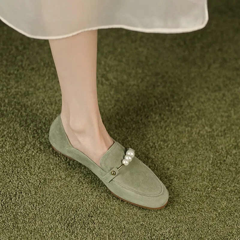 Suede Leather Loafers for Women Pearls Details Round Toe in Green