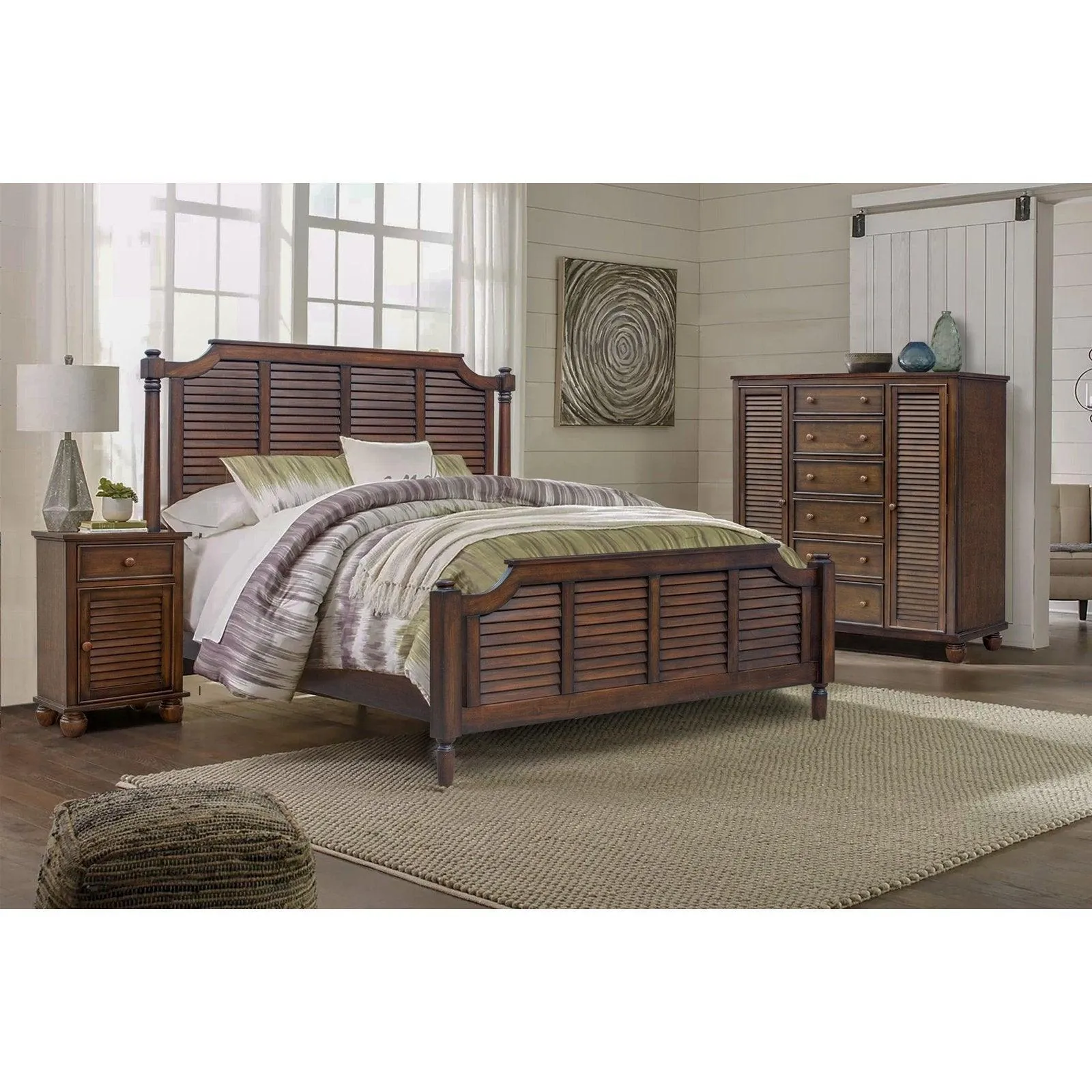 Sunset Trading Bahama Shutter 5 Piece King Bedroom Set with 1 Drawer Nightstand in Walnut