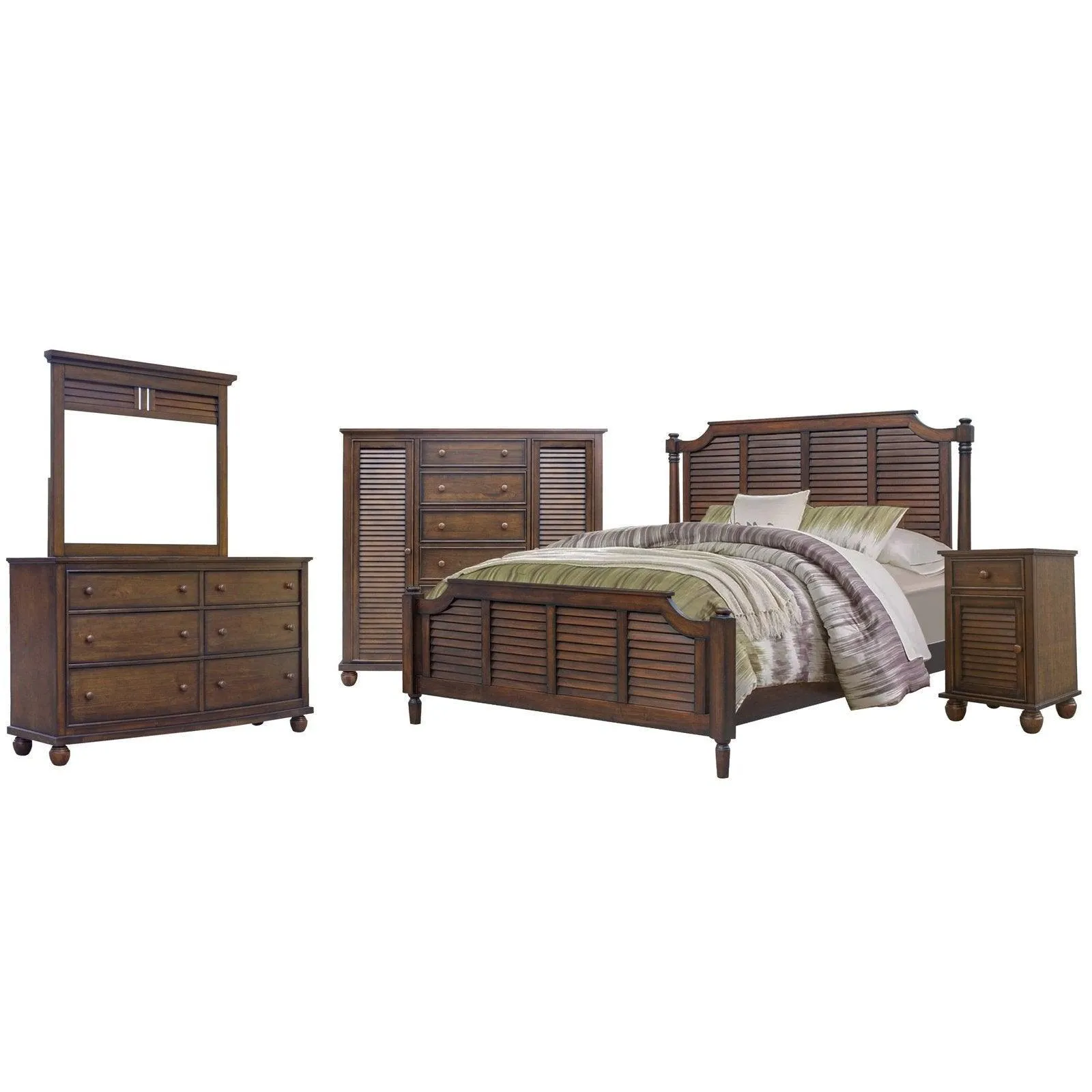 Sunset Trading Bahama Shutter 5 Piece King Bedroom Set with 1 Drawer Nightstand in Walnut