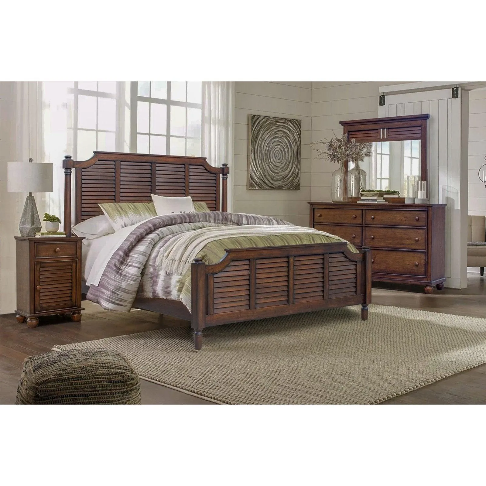 Sunset Trading Bahama Shutter 5 Piece King Bedroom Set with 1 Drawer Nightstand in Walnut