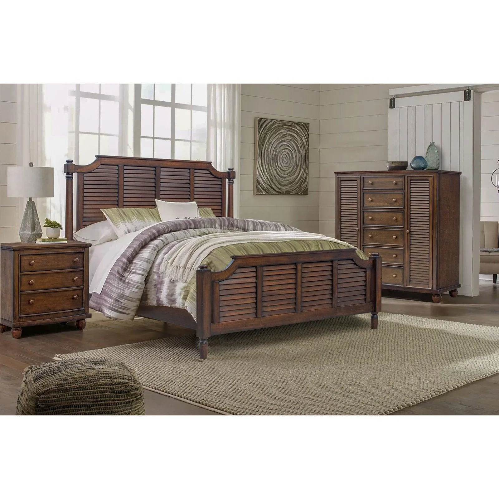 Sunset Trading Bahama Shutter 5 Piece Queen Bedroom Set with 3 Drawer Nightstand in Walnut