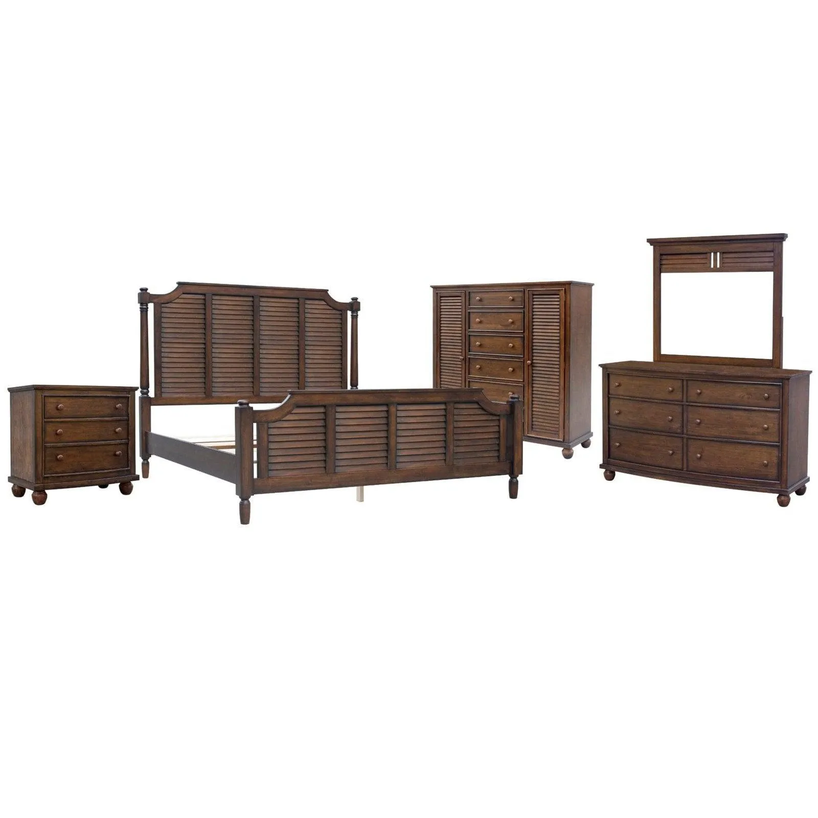 Sunset Trading Bahama Shutter 5 Piece Queen Bedroom Set with 3 Drawer Nightstand in Walnut