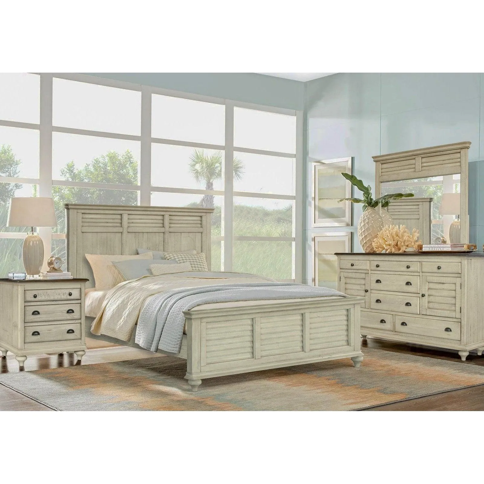 Sunset Trading Shades of Sand 5 Piece Queen Bedroom Set in Cream and Walnut Brown