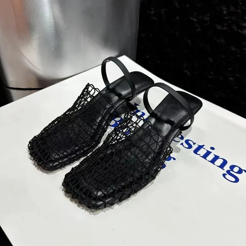 TAVIMART  -  2024 Summer High Quality Woven Hollow Black Fishing Net Breathable Slippers To Wear Sexy Square Head Women's Sandals