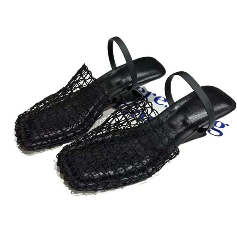 TAVIMART  -  2024 Summer High Quality Woven Hollow Black Fishing Net Breathable Slippers To Wear Sexy Square Head Women's Sandals