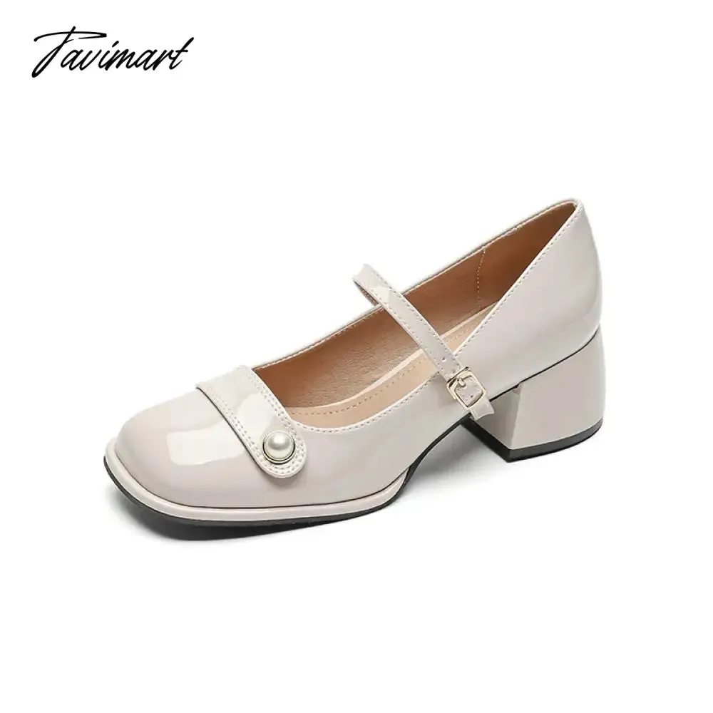 TAVIMART -  autumn new women's high heels fashion chunky heel design ladies casual party and work wear White Mary Jane leather shoes