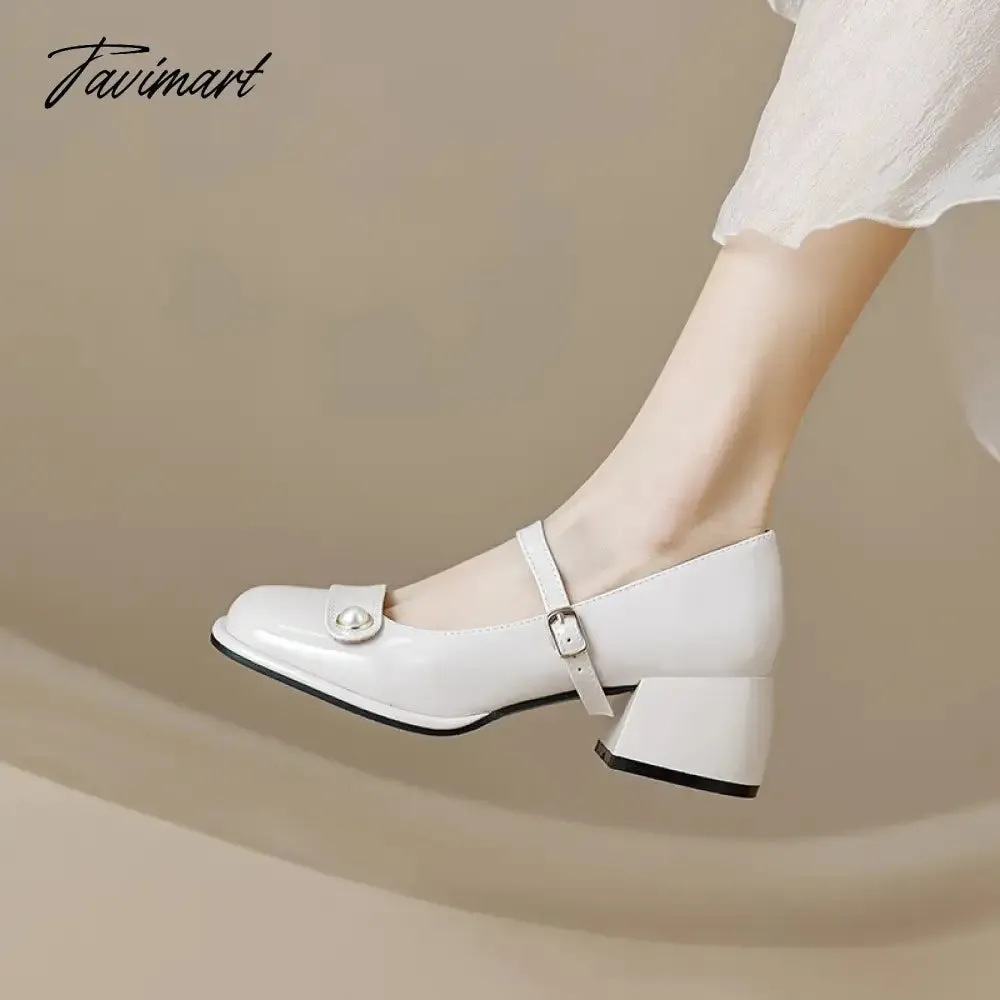 TAVIMART -  autumn new women's high heels fashion chunky heel design ladies casual party and work wear White Mary Jane leather shoes