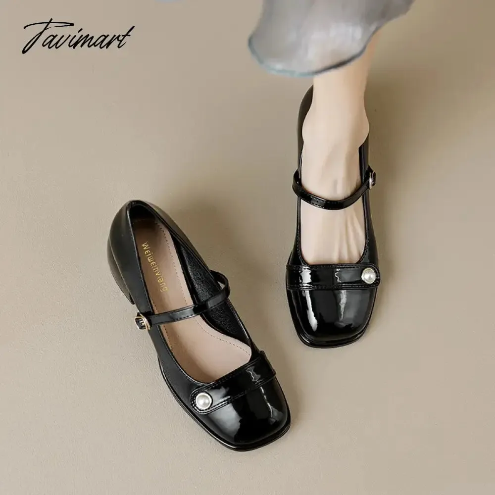 TAVIMART -  autumn new women's high heels fashion chunky heel design ladies casual party and work wear White Mary Jane leather shoes