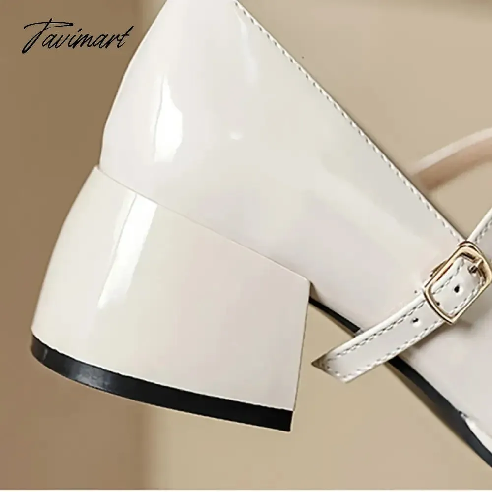 TAVIMART -  autumn new women's high heels fashion chunky heel design ladies casual party and work wear White Mary Jane leather shoes