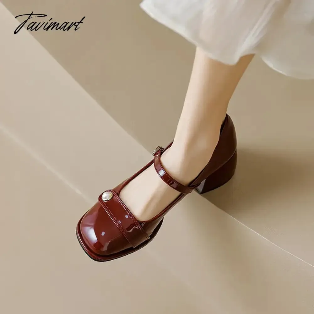 TAVIMART -  autumn new women's high heels fashion chunky heel design ladies casual party and work wear White Mary Jane leather shoes