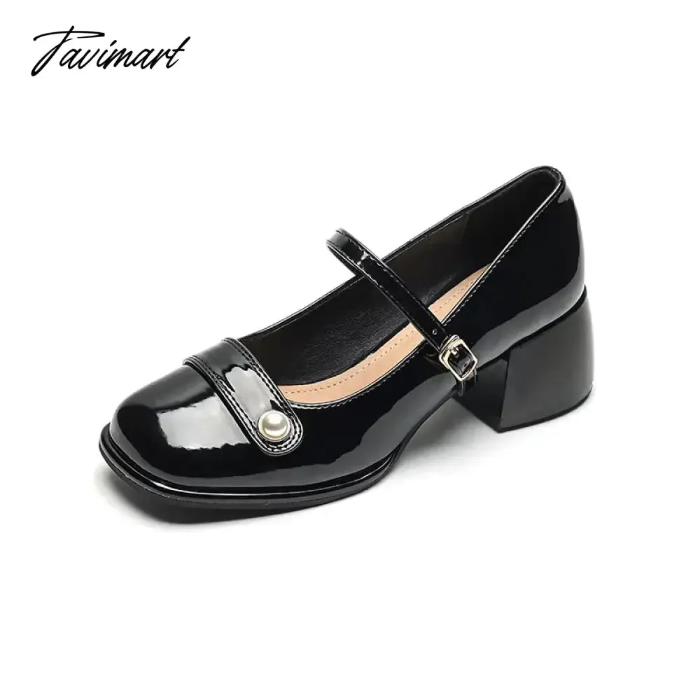 TAVIMART -  autumn new women's high heels fashion chunky heel design ladies casual party and work wear White Mary Jane leather shoes