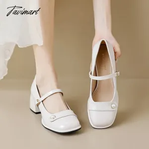 TAVIMART -  autumn new women's high heels fashion chunky heel design ladies casual party and work wear White Mary Jane leather shoes