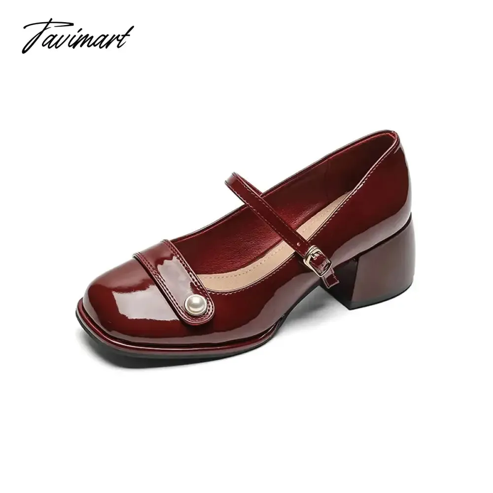 TAVIMART -  autumn new women's high heels fashion chunky heel design ladies casual party and work wear White Mary Jane leather shoes