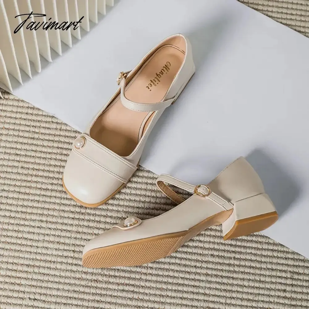 Tavimart spring new women's leather shoes Ladies casual high heels Korean style low heel chunky heel design career and party wear