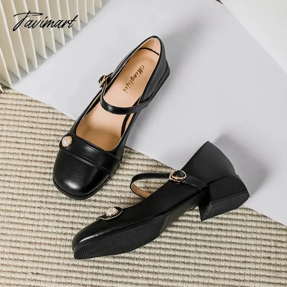 Tavimart spring new women's leather shoes Ladies casual high heels Korean style low heel chunky heel design career and party wear