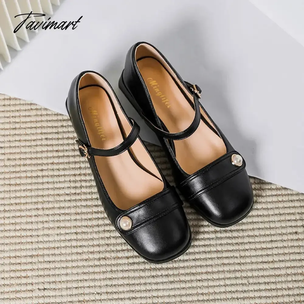 Tavimart spring new women's leather shoes Ladies casual high heels Korean style low heel chunky heel design career and party wear