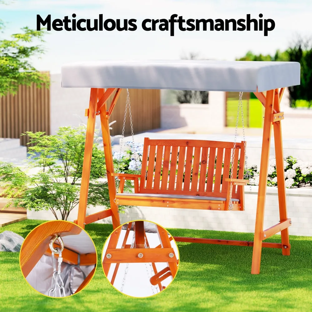 Teak Colour Outdoor 2 Seater Swinging Chair Loveseat Canopy Shade Wooden Swing Seat