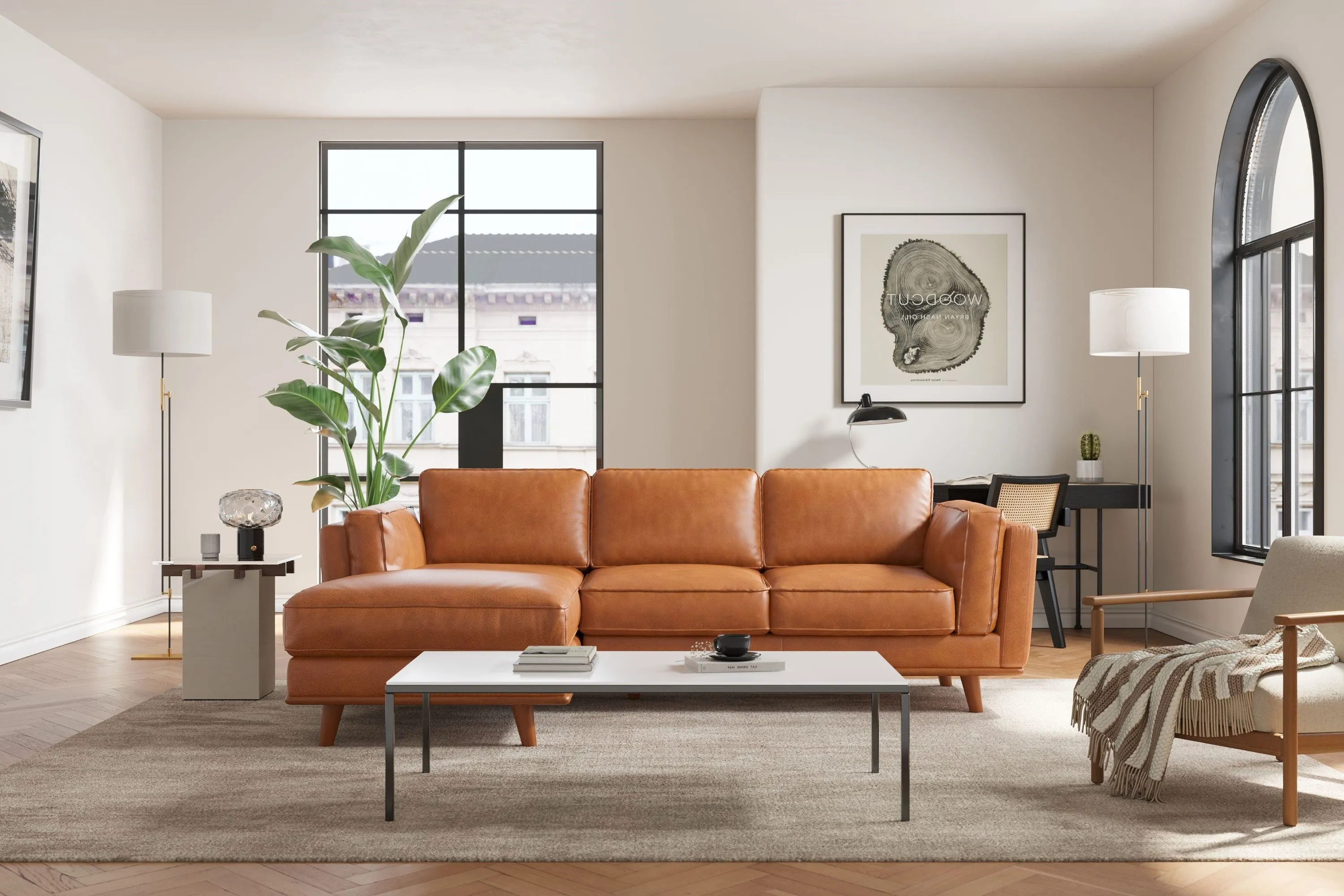 Valencia Artisan Top Grain Leather Three Seats with Left Chaise Leather Sofa, Cognac