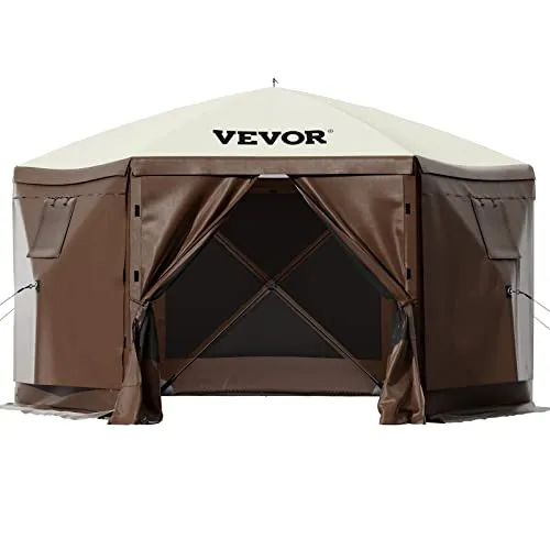 VEVOR Camping Gazebo Tent, 10'x10', 6 Sided Pop-up Canopy Screen Tent for 8 Person Camping, Waterproof Screen Shelter w/Portable Storage Bag, Ground Stakes, Mesh Windows, Brown & Beige