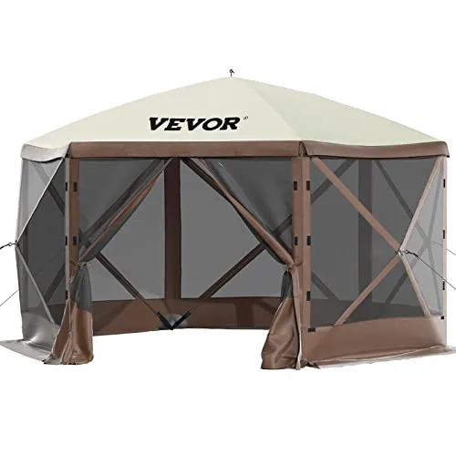 VEVOR Camping Gazebo Tent, 10'x10', 6 Sided Pop-up Canopy Screen Tent for 8 Person Camping, Waterproof Screen Shelter w/Portable Storage Bag, Ground Stakes, Mesh Windows, Brown & Beige