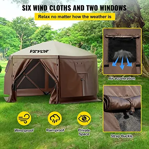 VEVOR Camping Gazebo Tent, 10'x10', 6 Sided Pop-up Canopy Screen Tent for 8 Person Camping, Waterproof Screen Shelter w/Portable Storage Bag, Ground Stakes, Mesh Windows, Brown & Beige