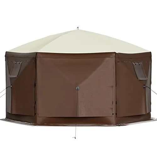 VEVOR Camping Gazebo Tent, 10'x10', 6 Sided Pop-up Canopy Screen Tent for 8 Person Camping, Waterproof Screen Shelter w/Portable Storage Bag, Ground Stakes, Mesh Windows, Brown & Beige