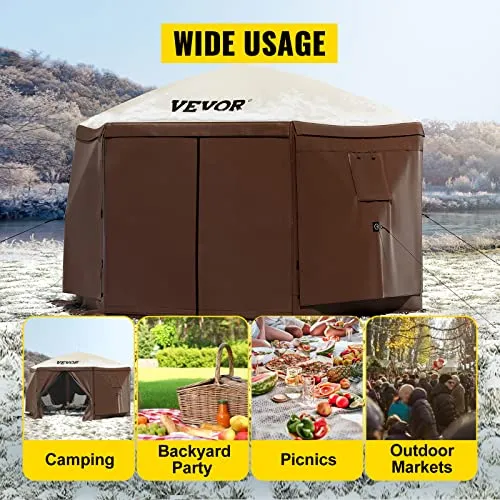 VEVOR Camping Gazebo Tent, 10'x10', 6 Sided Pop-up Canopy Screen Tent for 8 Person Camping, Waterproof Screen Shelter w/Portable Storage Bag, Ground Stakes, Mesh Windows, Brown & Beige