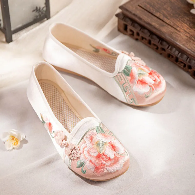 Vintage Peony Flower Embroidered Flat Shoes with Delicate Chinese Buckle