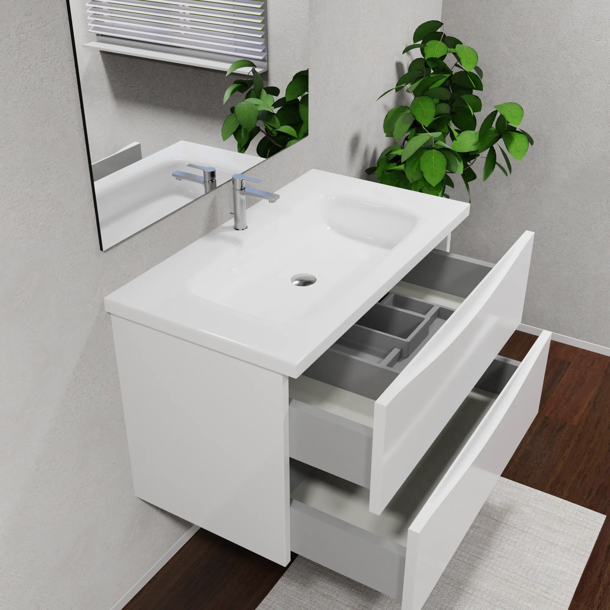 Wall-mount Vanity 36" x 18" 2 Drawers in High Gloss Lacquered White