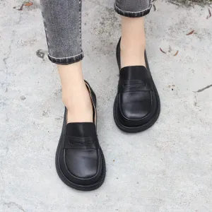 Wide Fit Big Toe Full Grain Leather Penny Loafers Handmade Uniform Shoes in Black/Coffee