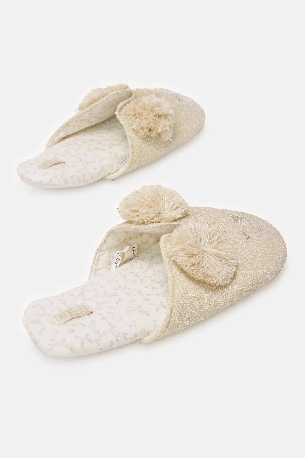 Women Beige Closed Toe Pom Pom Slippers